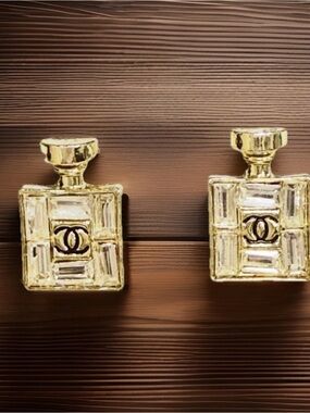 Gold Perfume Bottle Motif Earrings - CC Logo